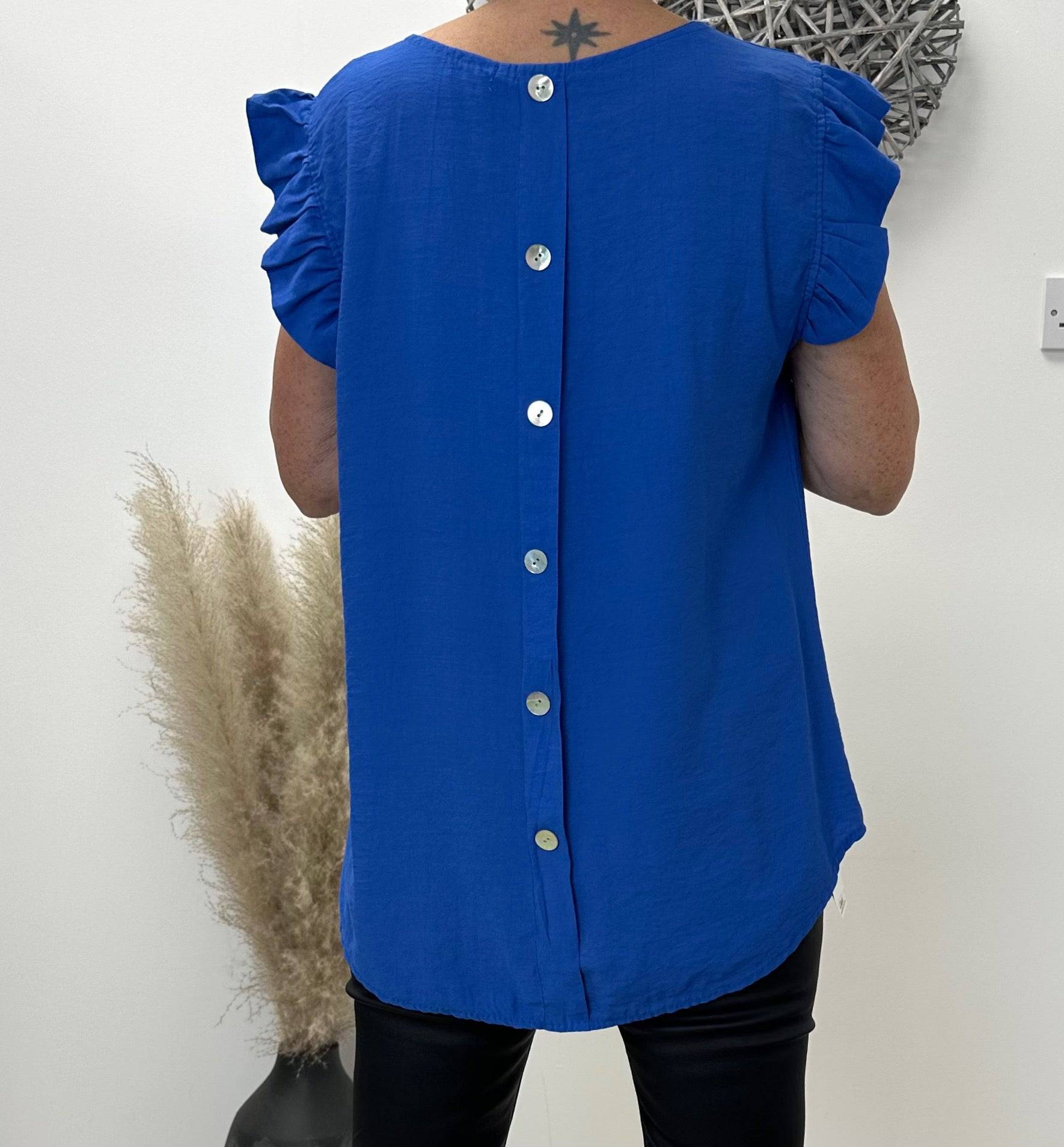 Grace Frill Sleeve Button Back Top 8-16 Cobalt - Susie's Boutique