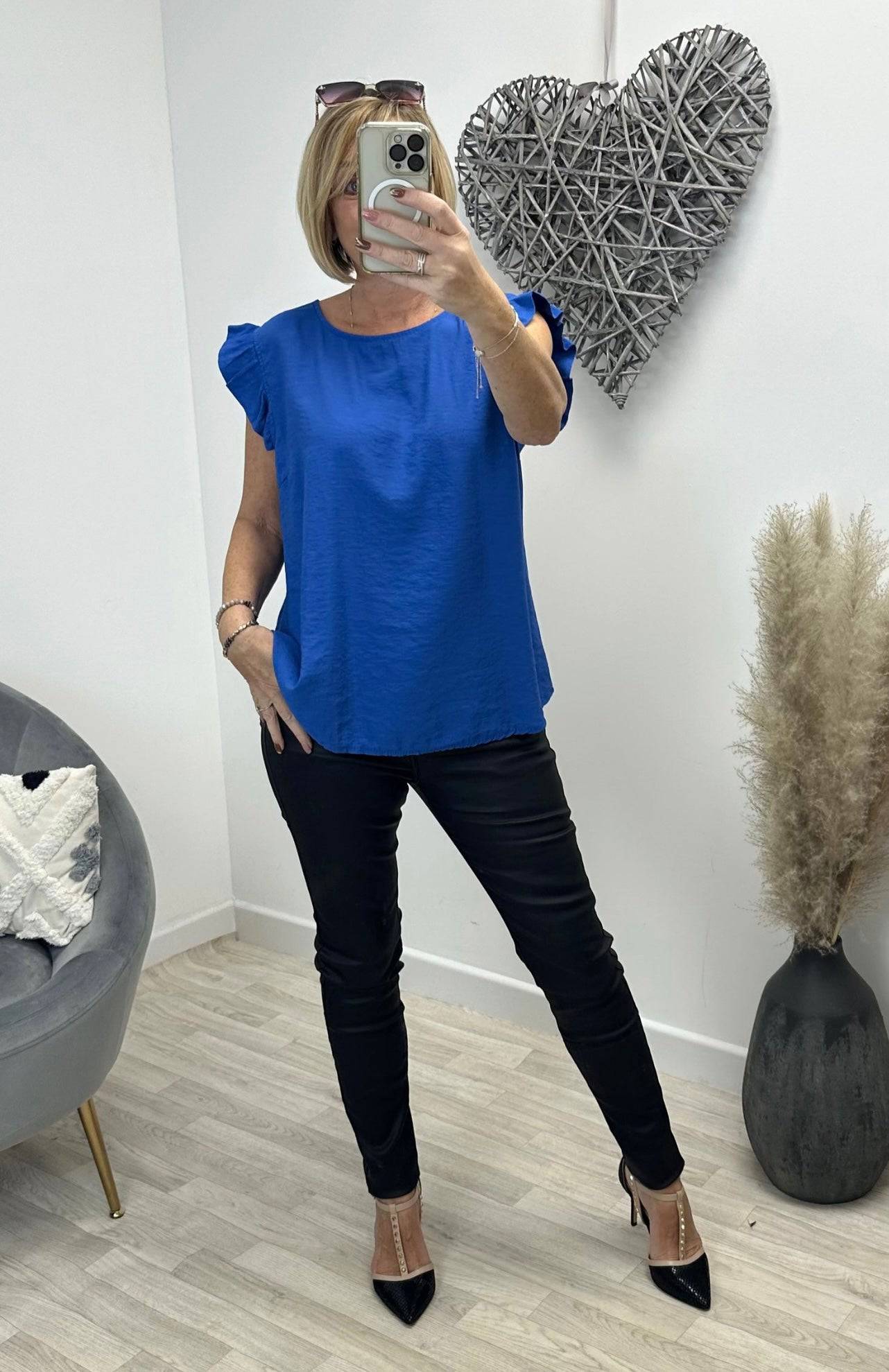 Grace Frill Sleeve Button Back Top 8-16 Cobalt - Susie's Boutique