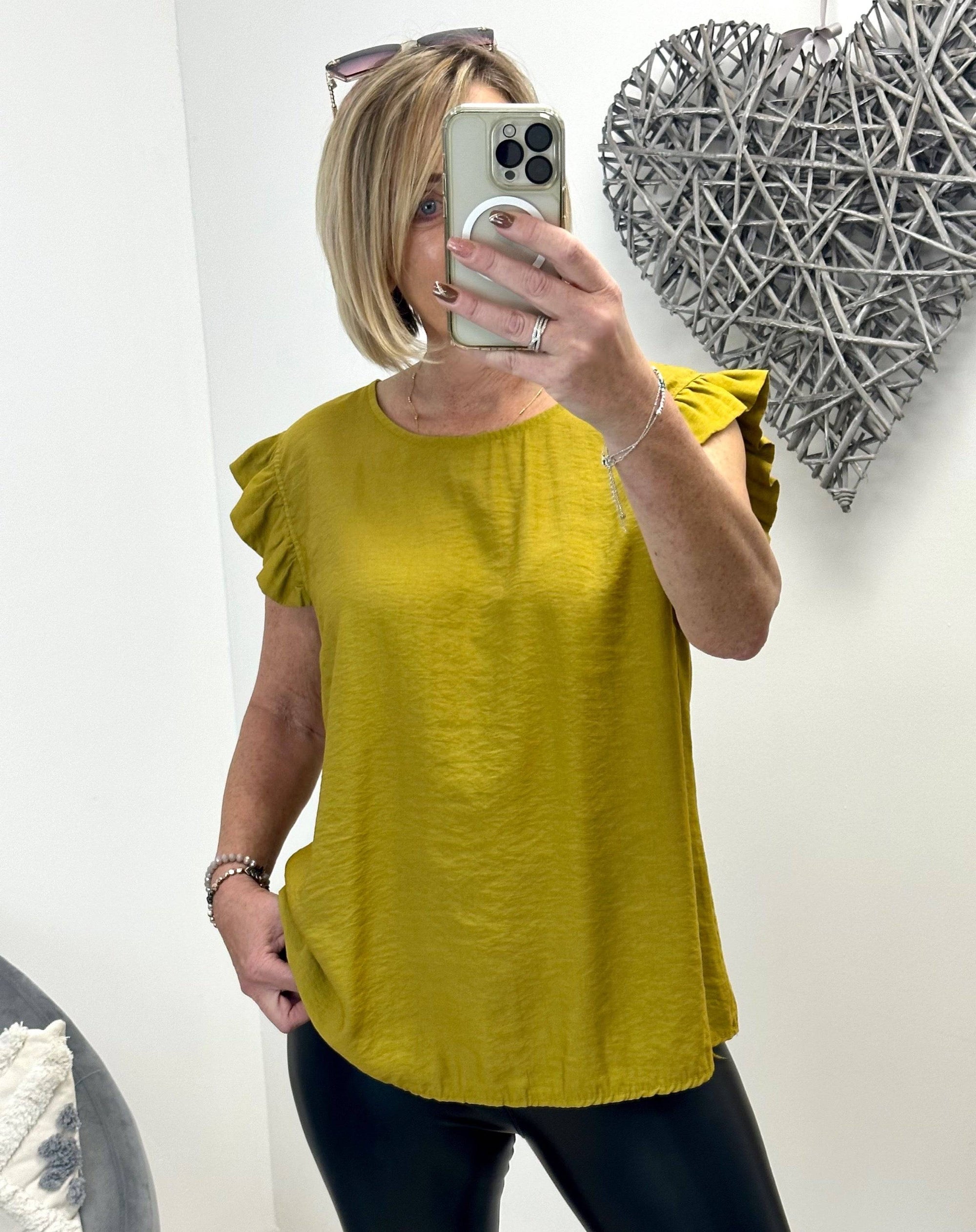 Grace Frill Sleeve Button Back Top 8-16 Mustard - Susie's Boutique