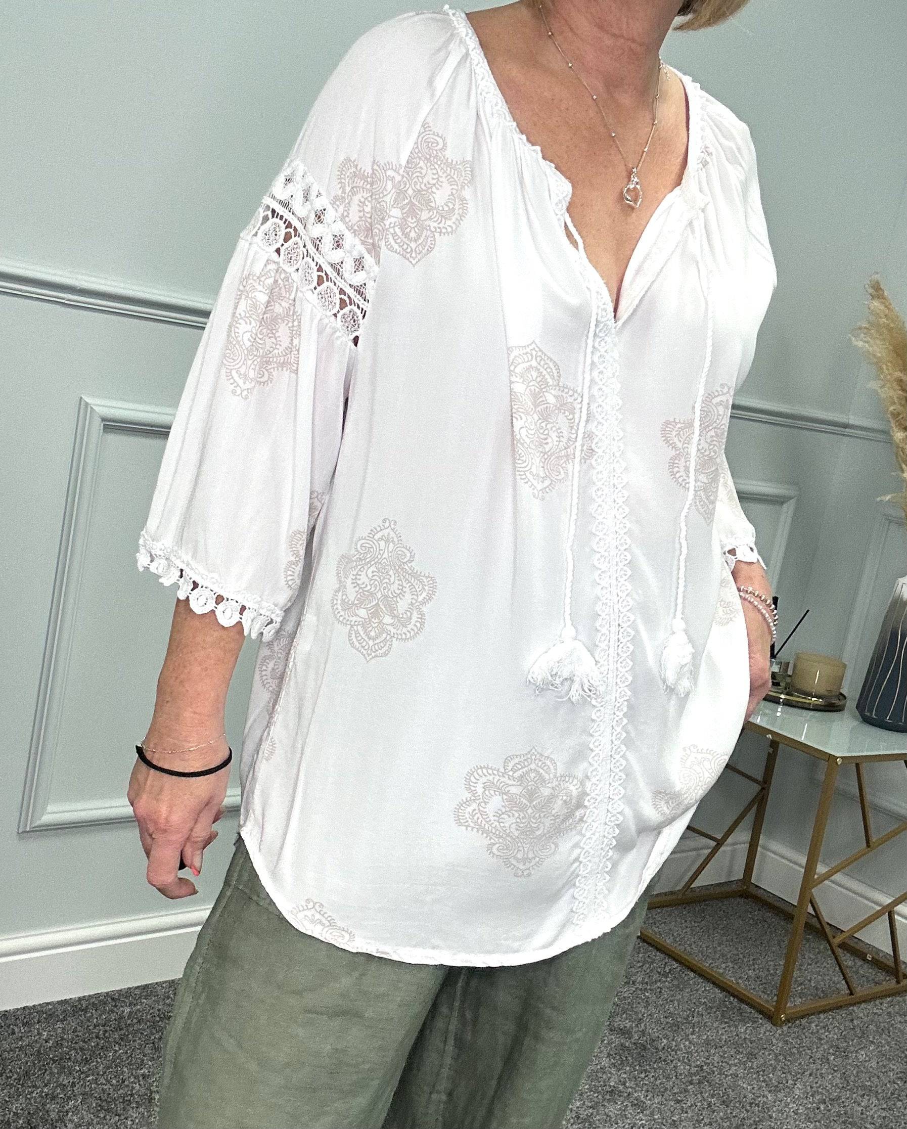 Colette Paisley Crochet Trim Top 10-20 NO RETURNS ON SALE ITEMS