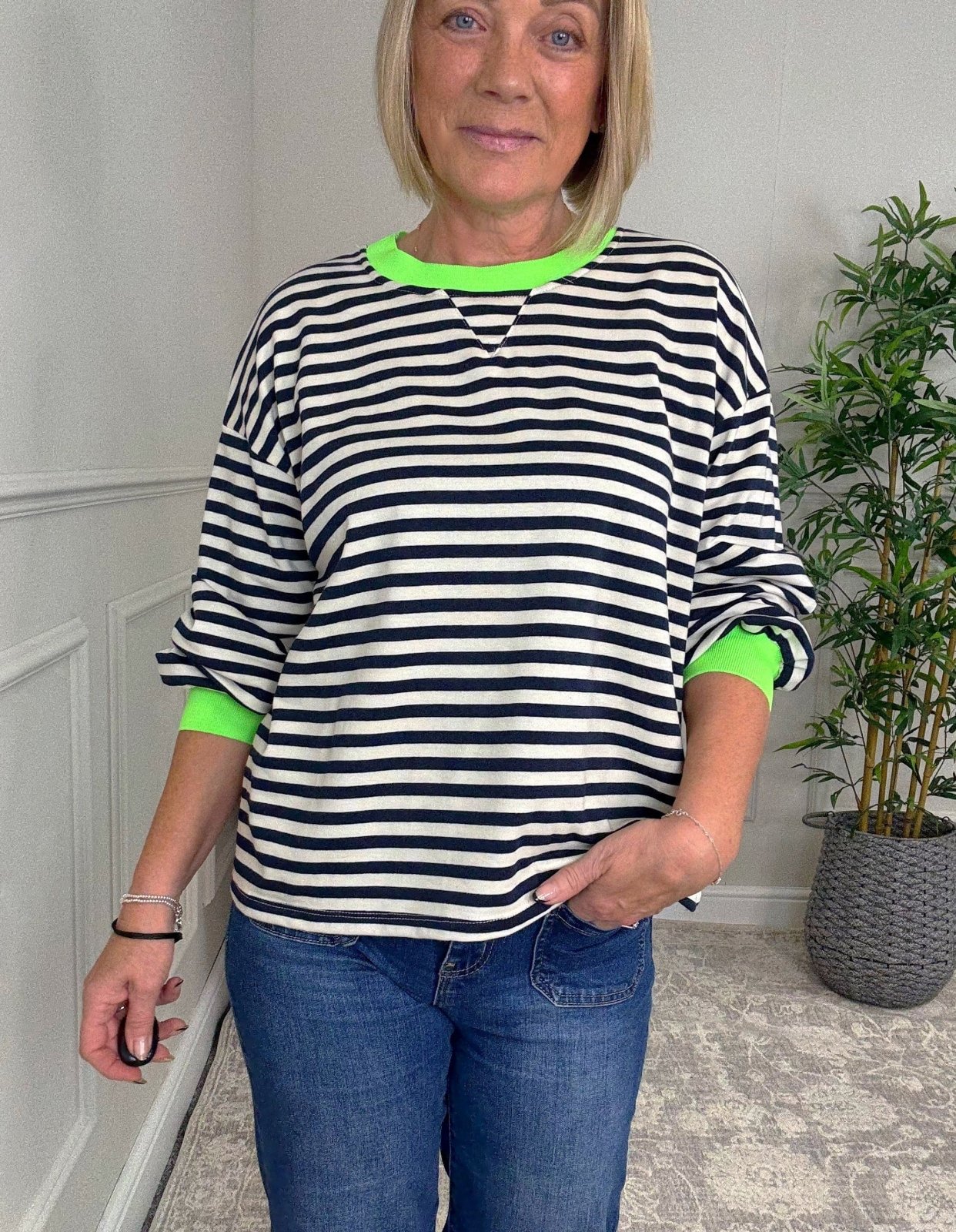 Remi Striped Neon Trim Sweatshirt Top 8 - 16 Navy/White - Susie's Boutique - | Women's Fashion Online