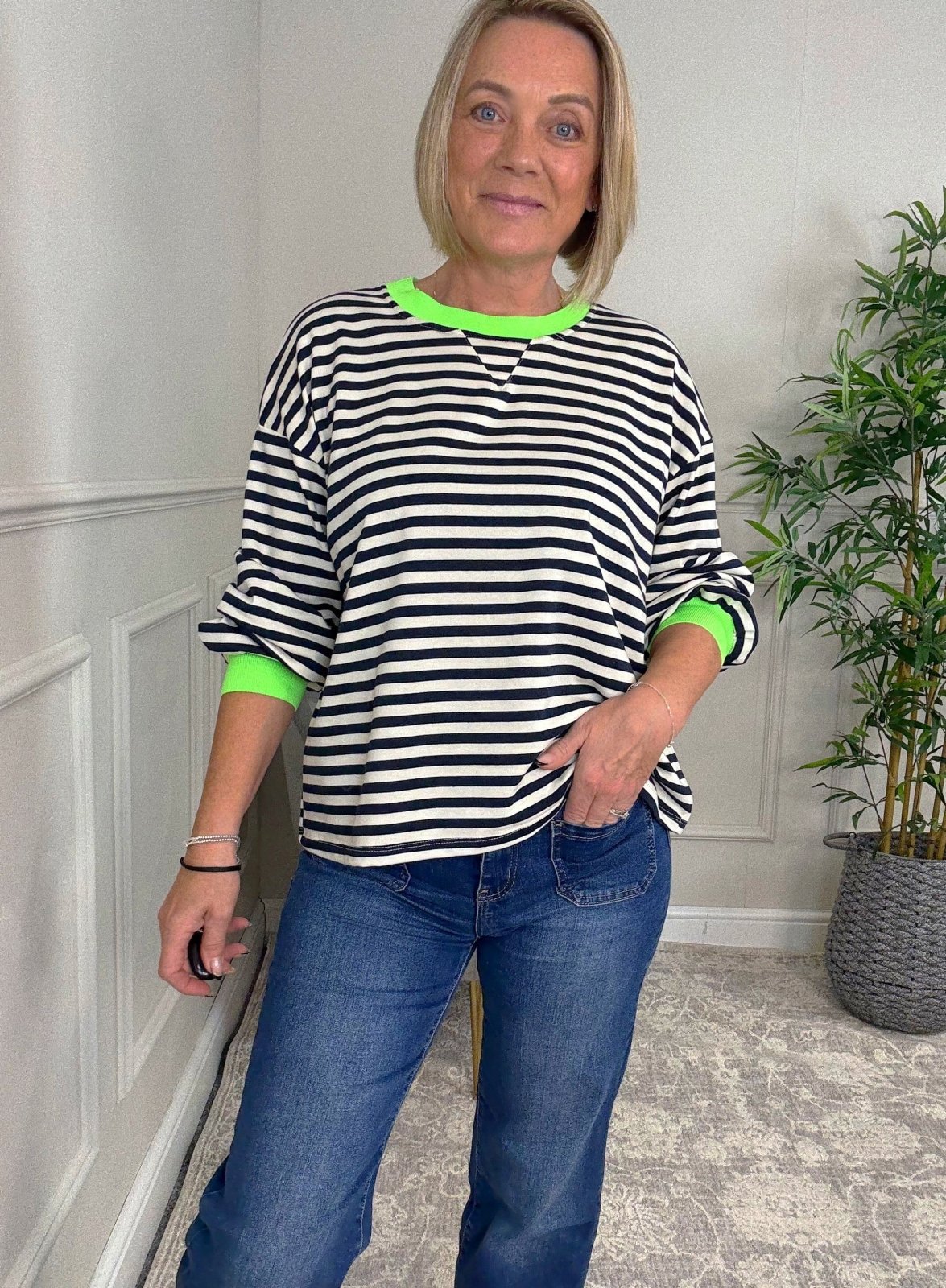 Remi Striped Neon Trim Sweatshirt Top 8 - 16 Navy/White - Susie's Boutique - | Women's Fashion Online