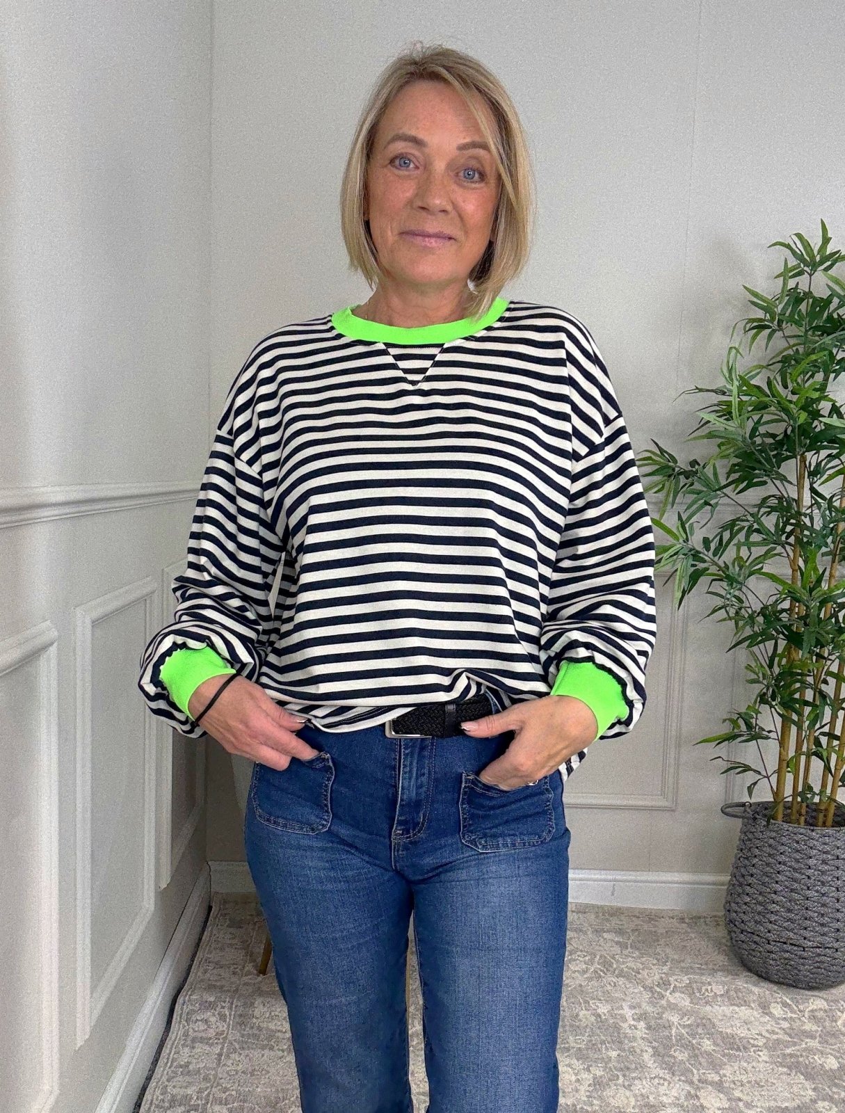 Remi Striped Neon Trim Sweatshirt Top 8 - 16 Navy/White - Susie's Boutique - | Women's Fashion Online