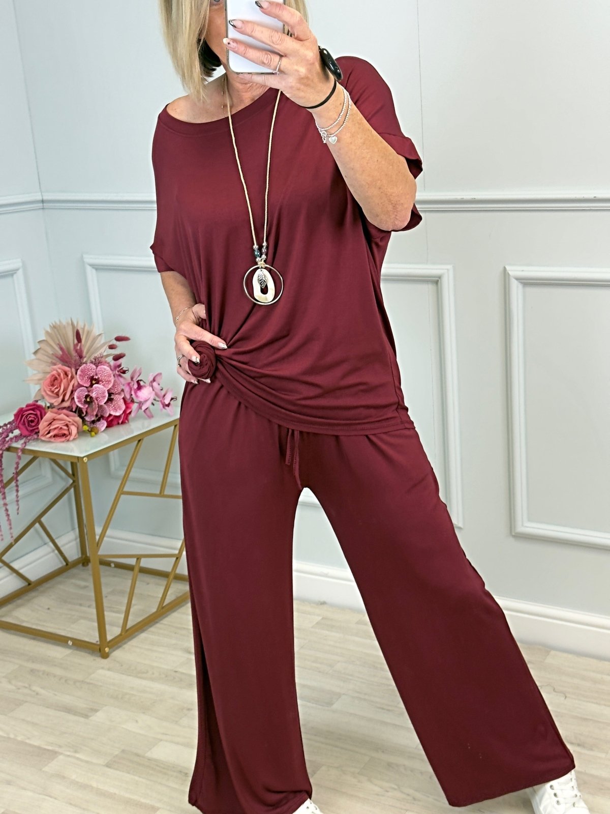 Esra Jersey Lounge Trouser Set with Necklace 10–18 Wine - Susie's Boutique - | Women's Fashion Online