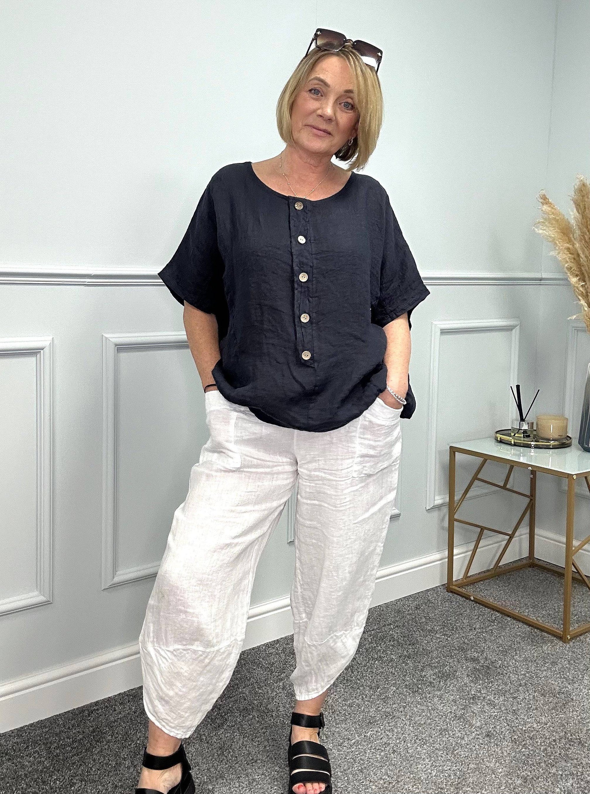 Serenity Linen Batwing Button Front Top 10-20 Navy