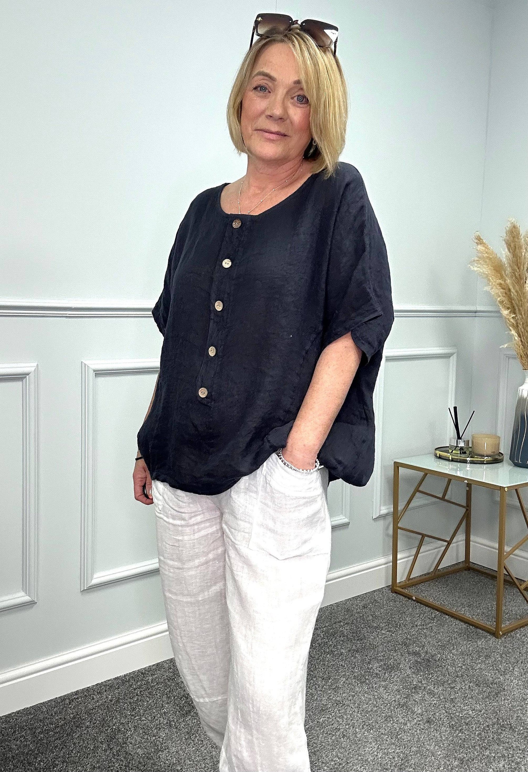 Serenity Linen Batwing Button Front Top 10-20 Navy