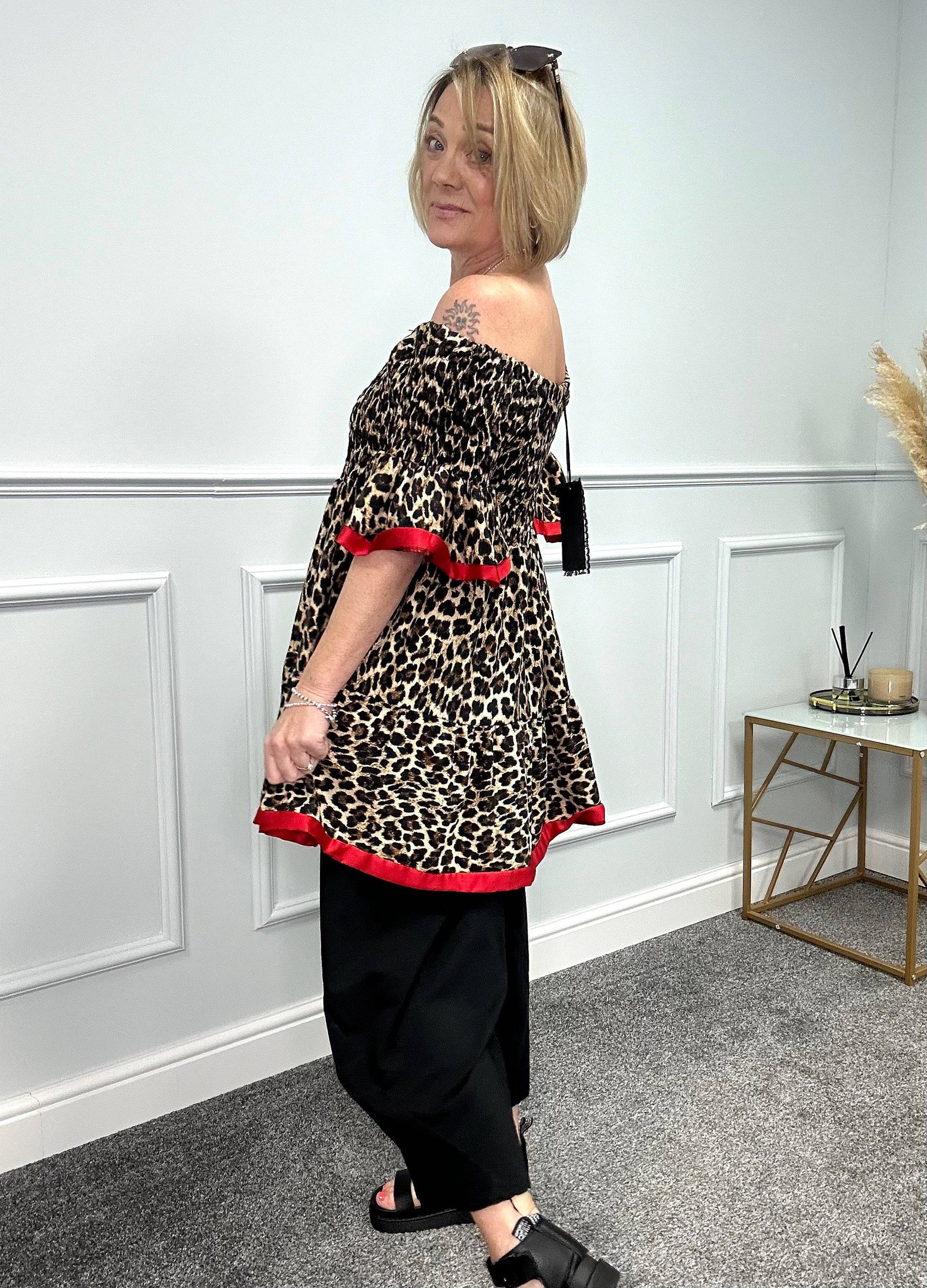 Viola Leopard Shirred Top 10-22 NO RETURNS ON SALE ITEMS