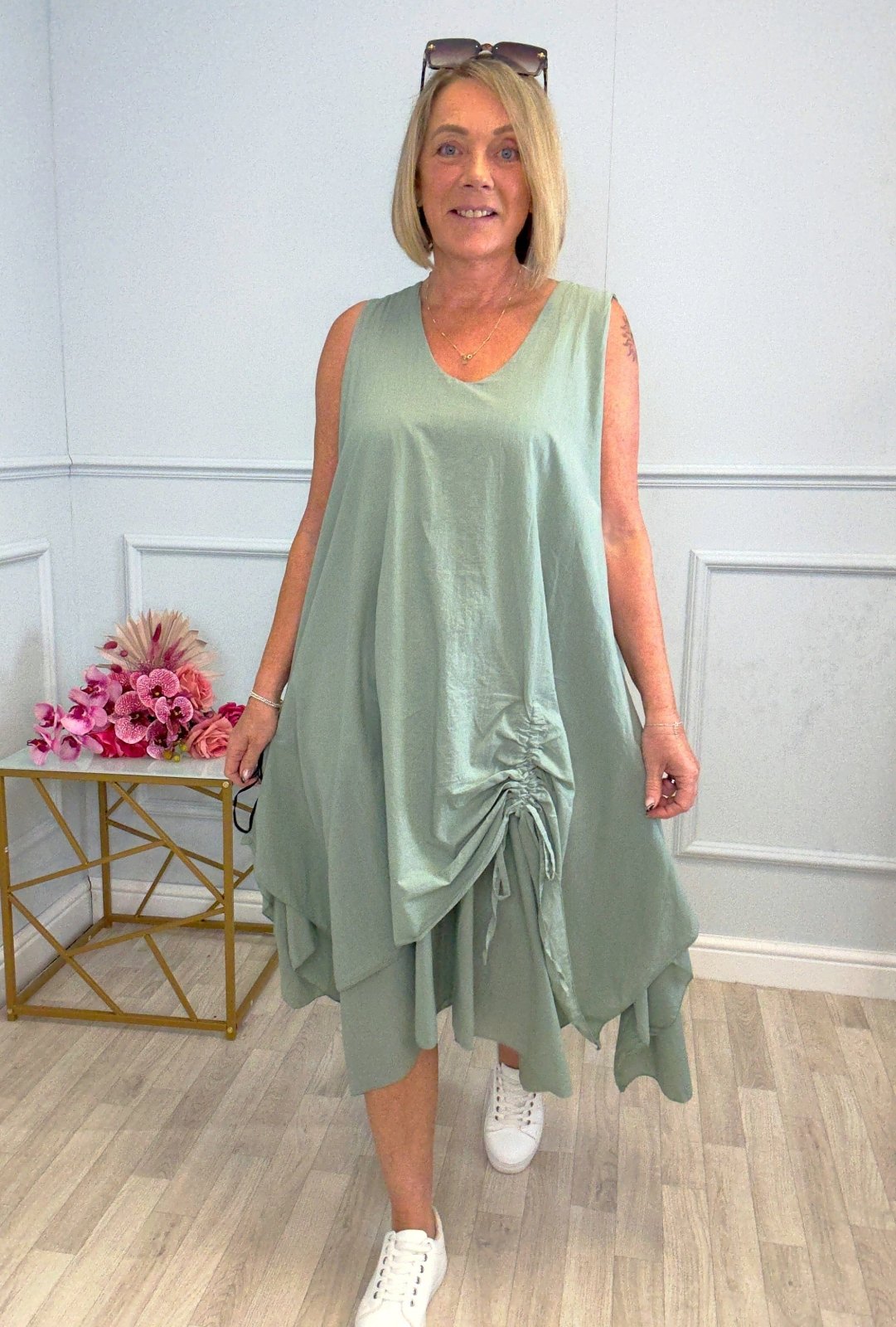 Naya Drawstring Ruched Hem Dress – Sizes 12–18 Sage - Susie's Boutique - | Women's Fashion Online