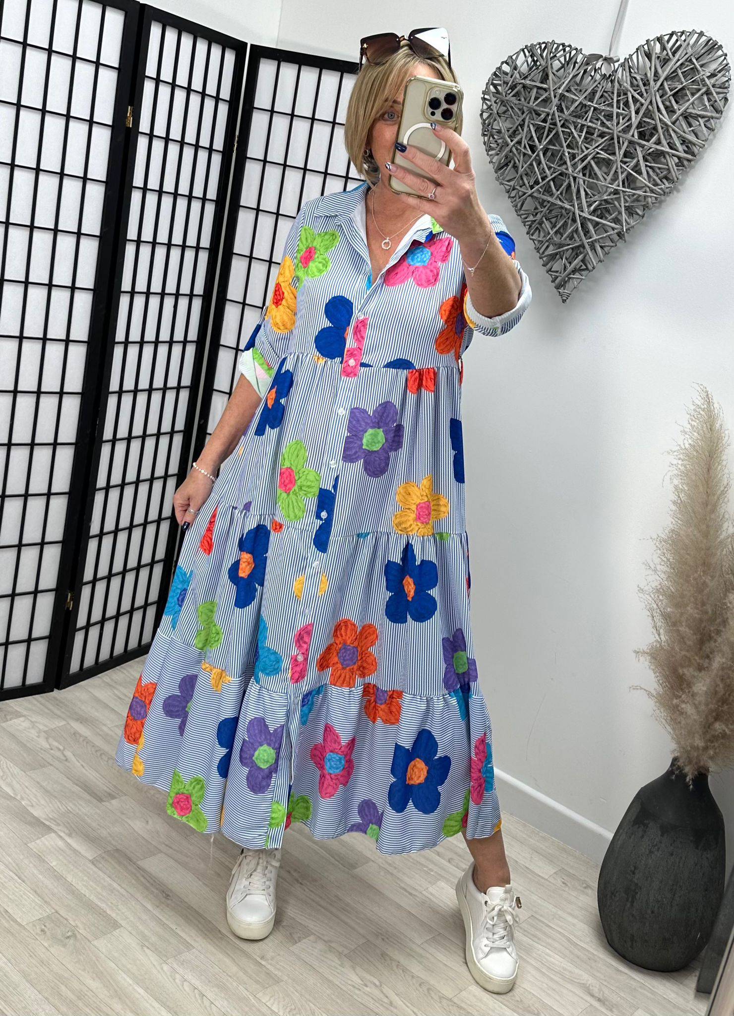 Castel Stripe Daisy Print Shirt Dress 8-12 NO RETURNS ON SALE ITEMS - Susie's Boutique