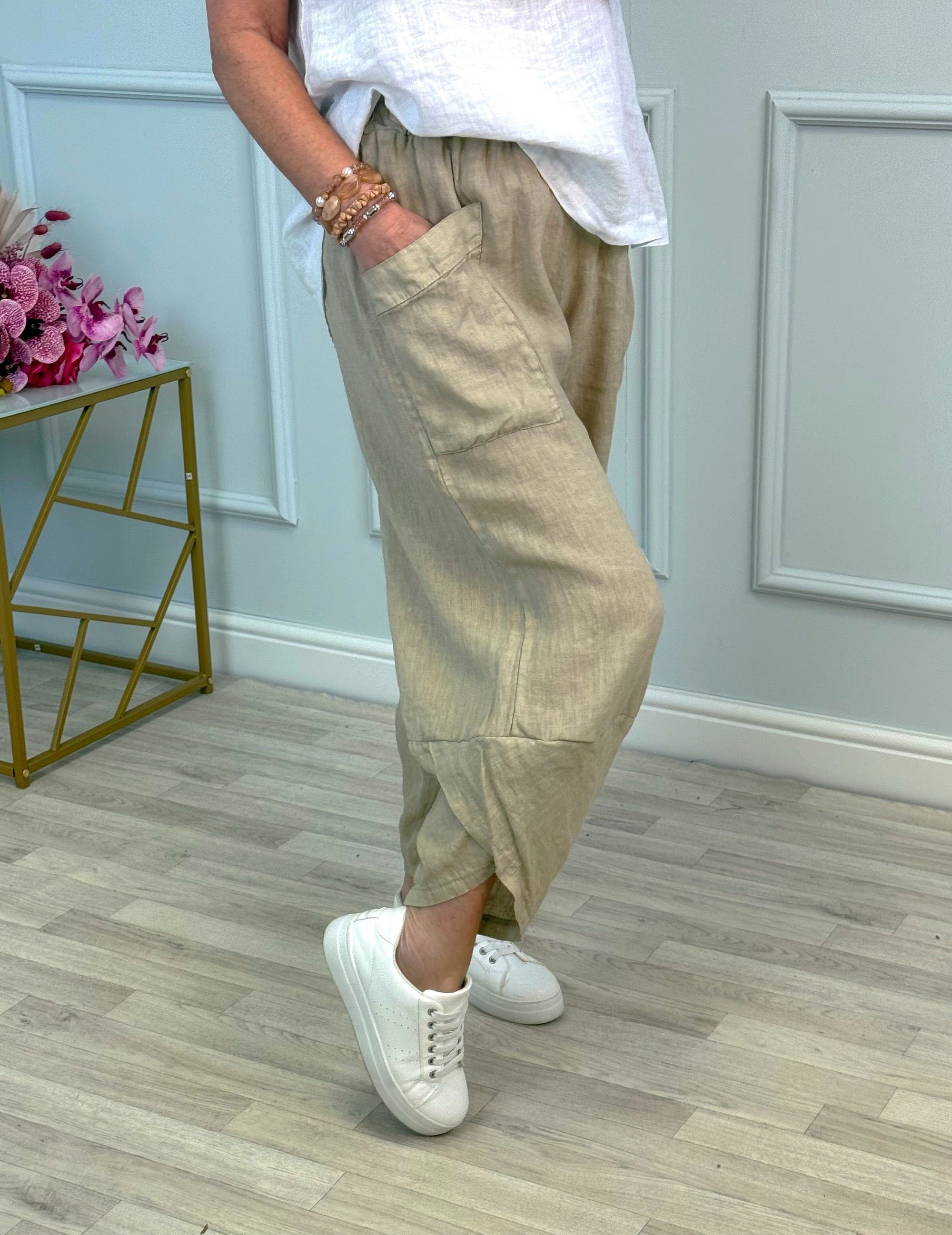 Larisa Quirky Linen Cocoon Pants 8-14 Beige - Susie's Boutique