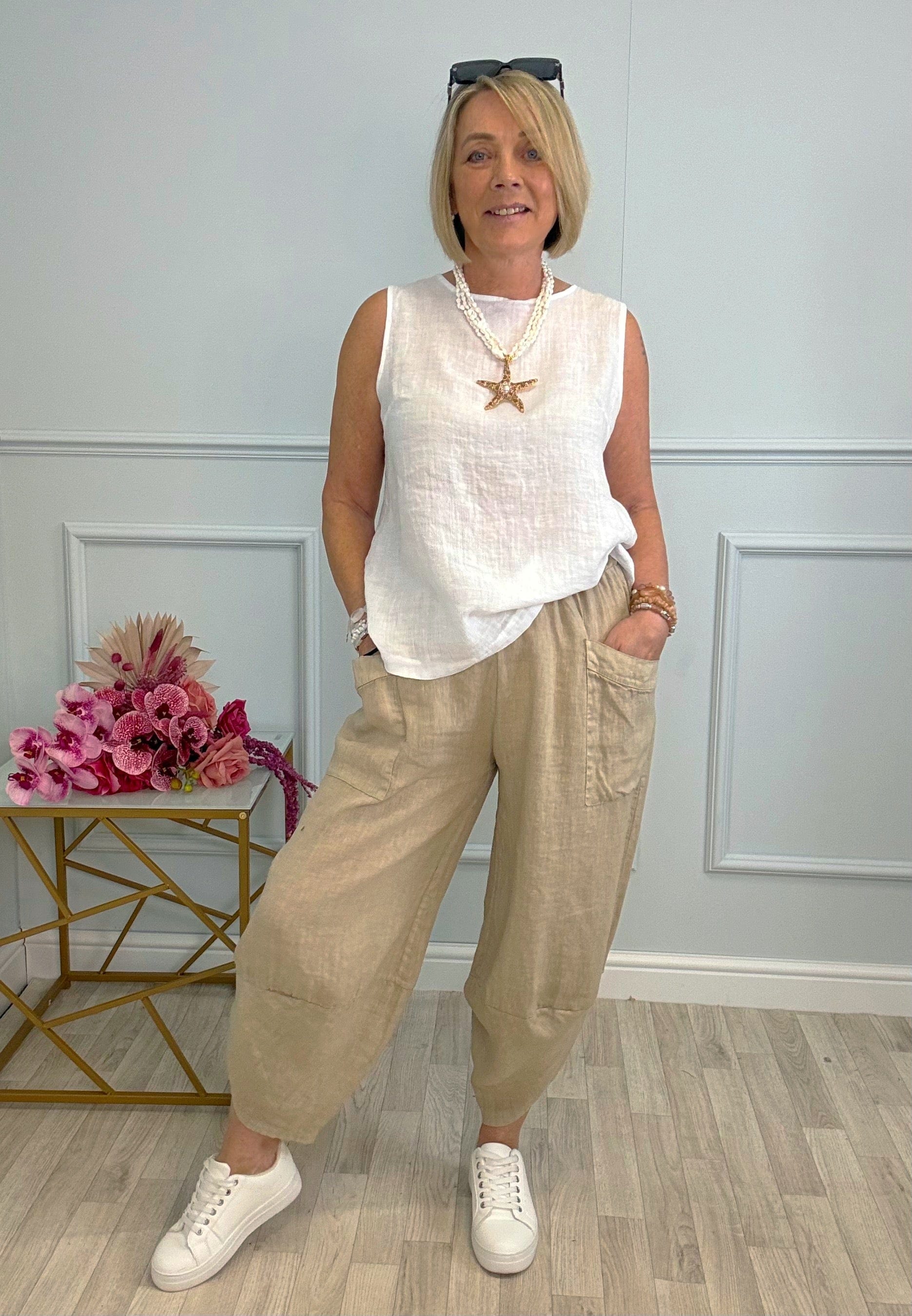 Larisa Quirky Linen Cocoon Pants 8-14 Beige - Susie's Boutique