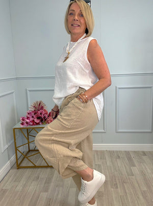 Larisa Quirky Linen Cocoon Pants 8-14 Beige - Susie's Boutique