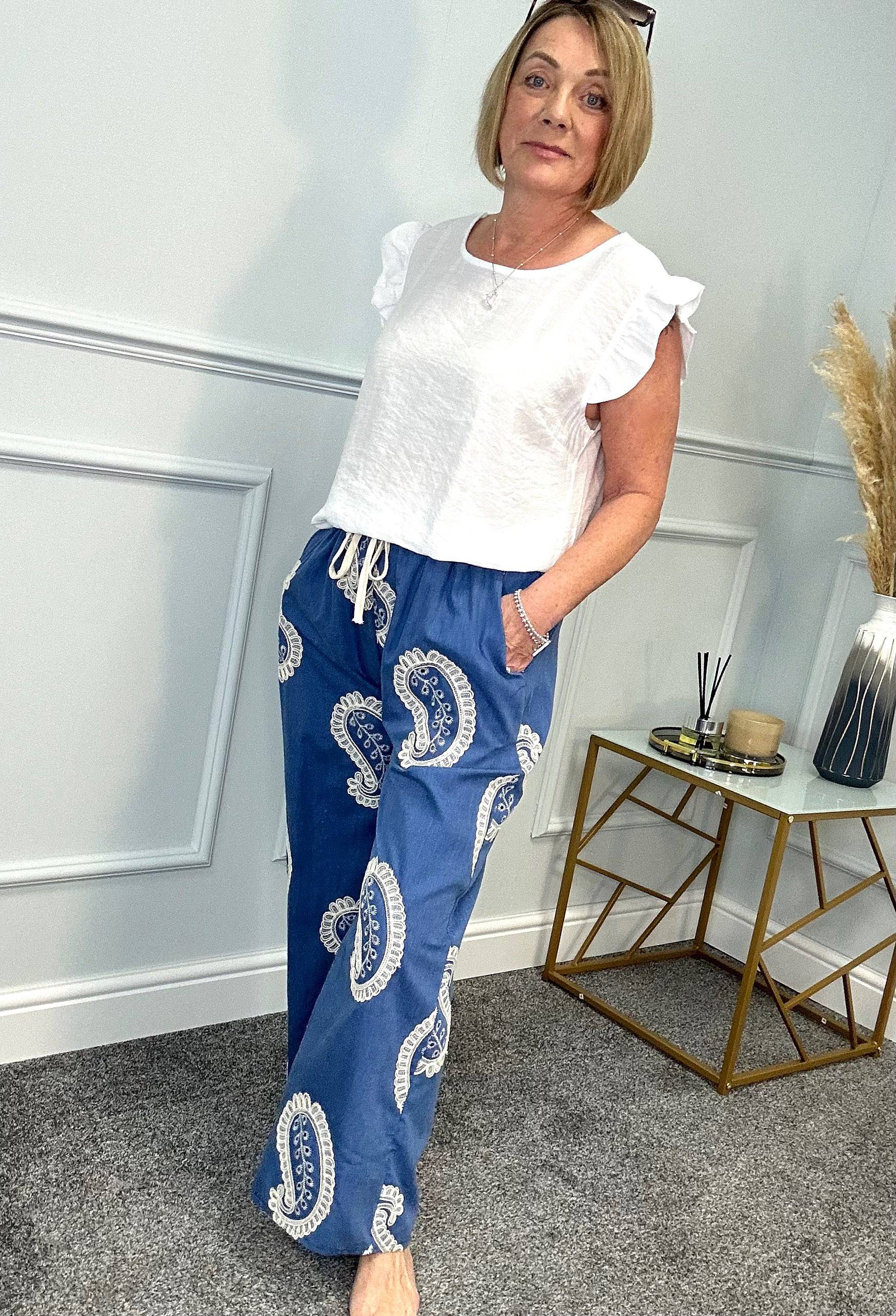 Carina Paisley  Luxurious Embroidered Wide Leg Trousers 8-16 NO RETURNS ON SALE ITEMS