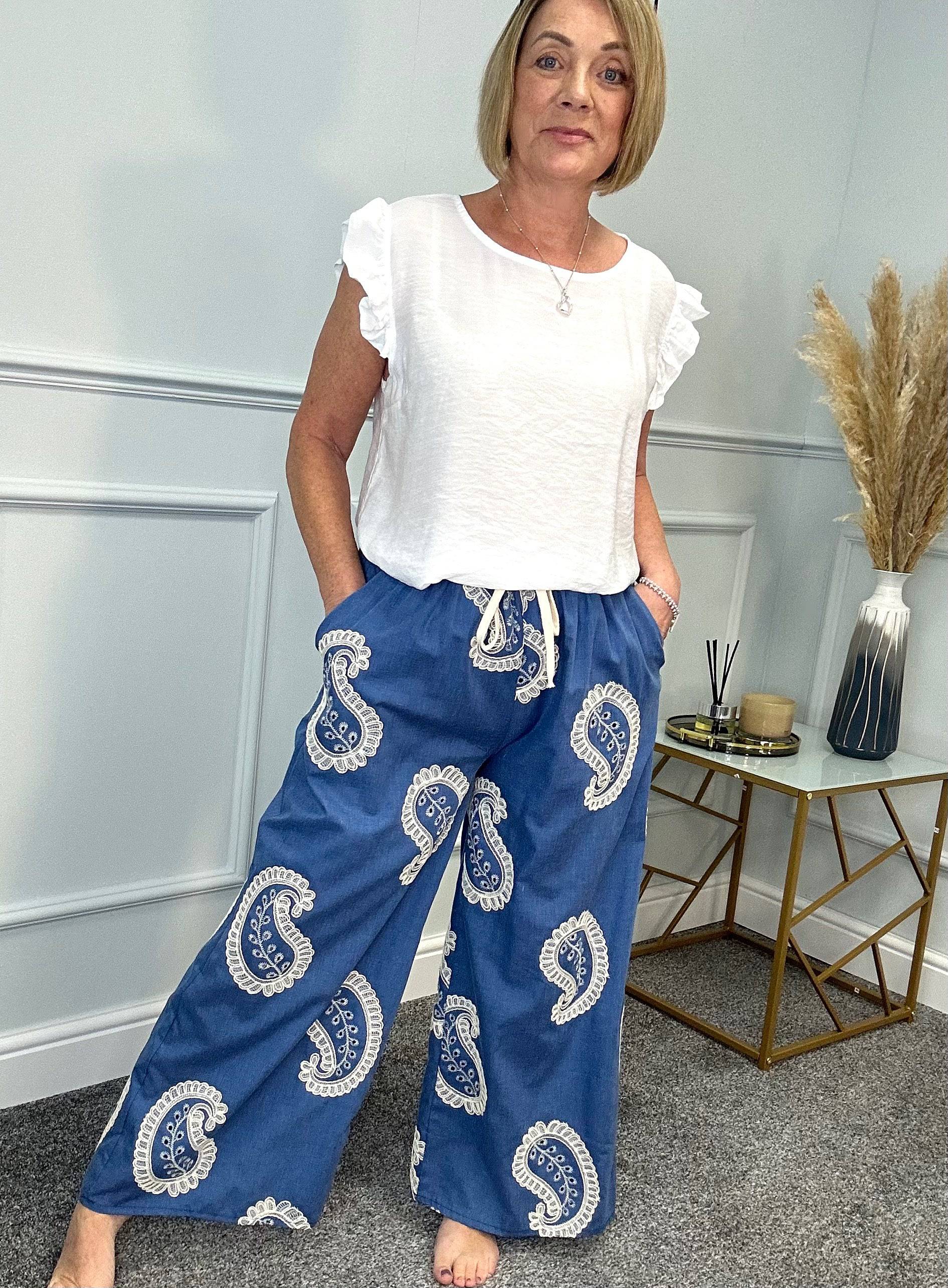 Carina Paisley  Luxurious Embroidered Wide Leg Trousers 8-16 NO RETURNS ON SALE ITEMS