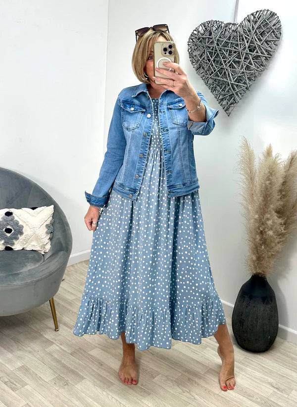 Denim polka dot dress shop