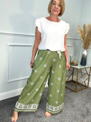 Danica Boho Border Print Wide Leg Trousers 8-16 Green NO RETURNS ON SALE ITEMS