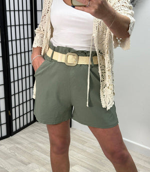 Amelie High waisted Pocket Belted Magic Shorts 8-16 Khaki