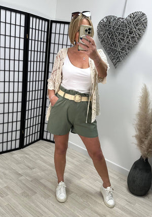 Amelie High waisted Pocket Belted Magic Shorts 8-16 Khaki