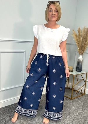 Danica Boho Border Print Wide Leg Trousers 8-16 Navy NO RETURNS ON SALE ITEMS