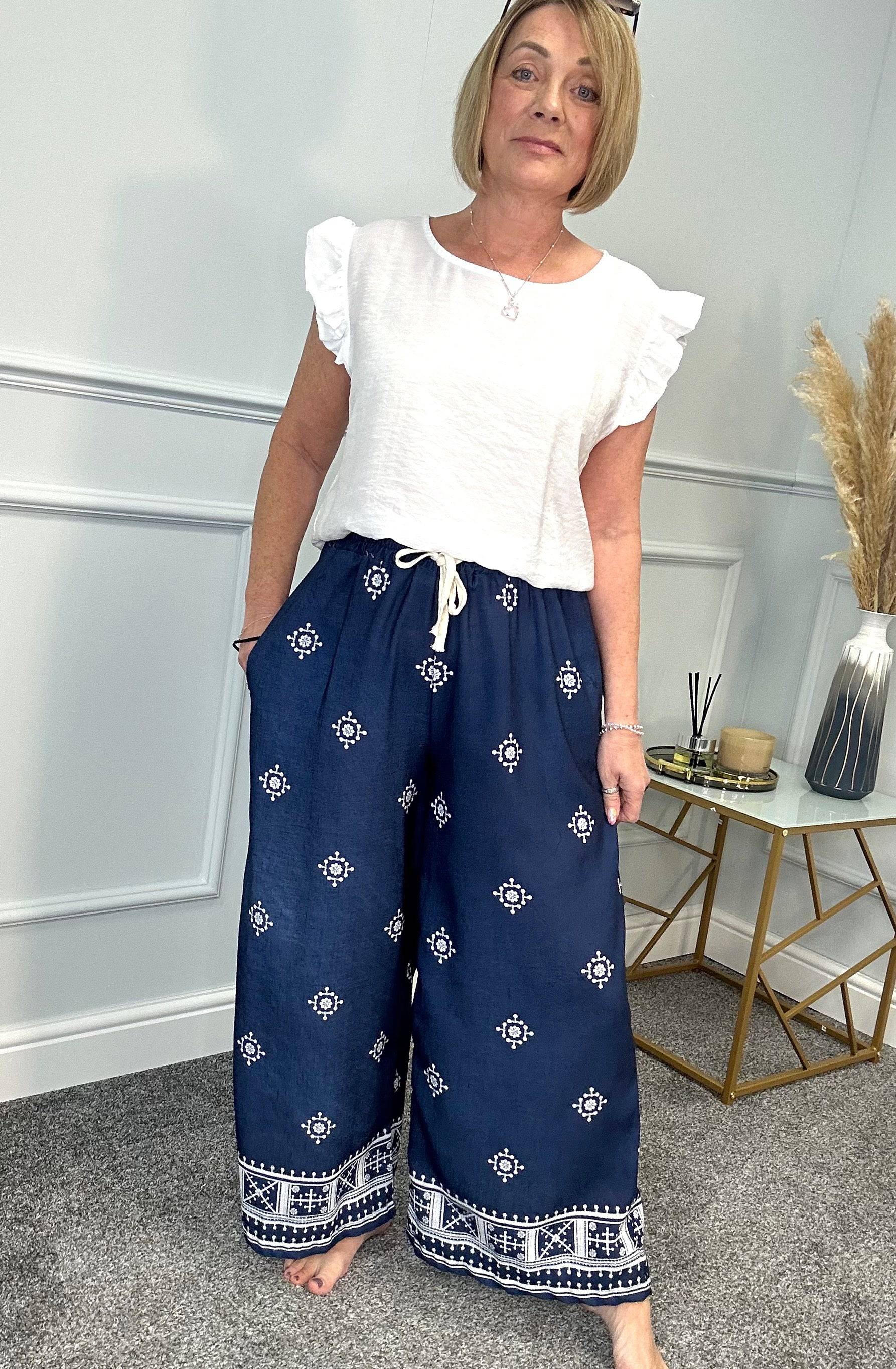 Danica Boho Border Print Wide Leg Trousers 8-16 Navy NO RETURNS ON SALE ITEMS
