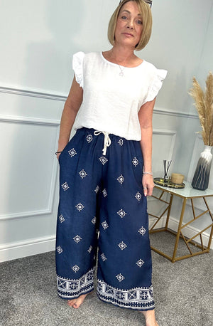 Danica Boho Border Print Wide Leg Trousers 8-16 Navy NO RETURNS ON SALE ITEMS