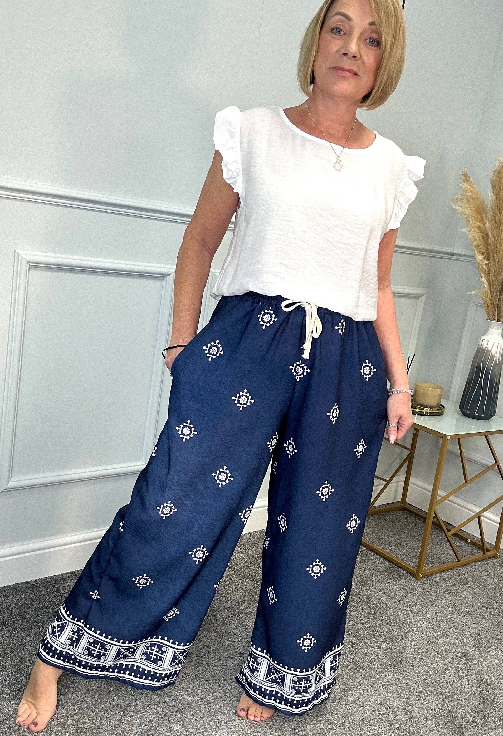 Danica Boho Border Print Wide Leg Trousers 8-16 Navy NO RETURNS ON SALE ITEMS