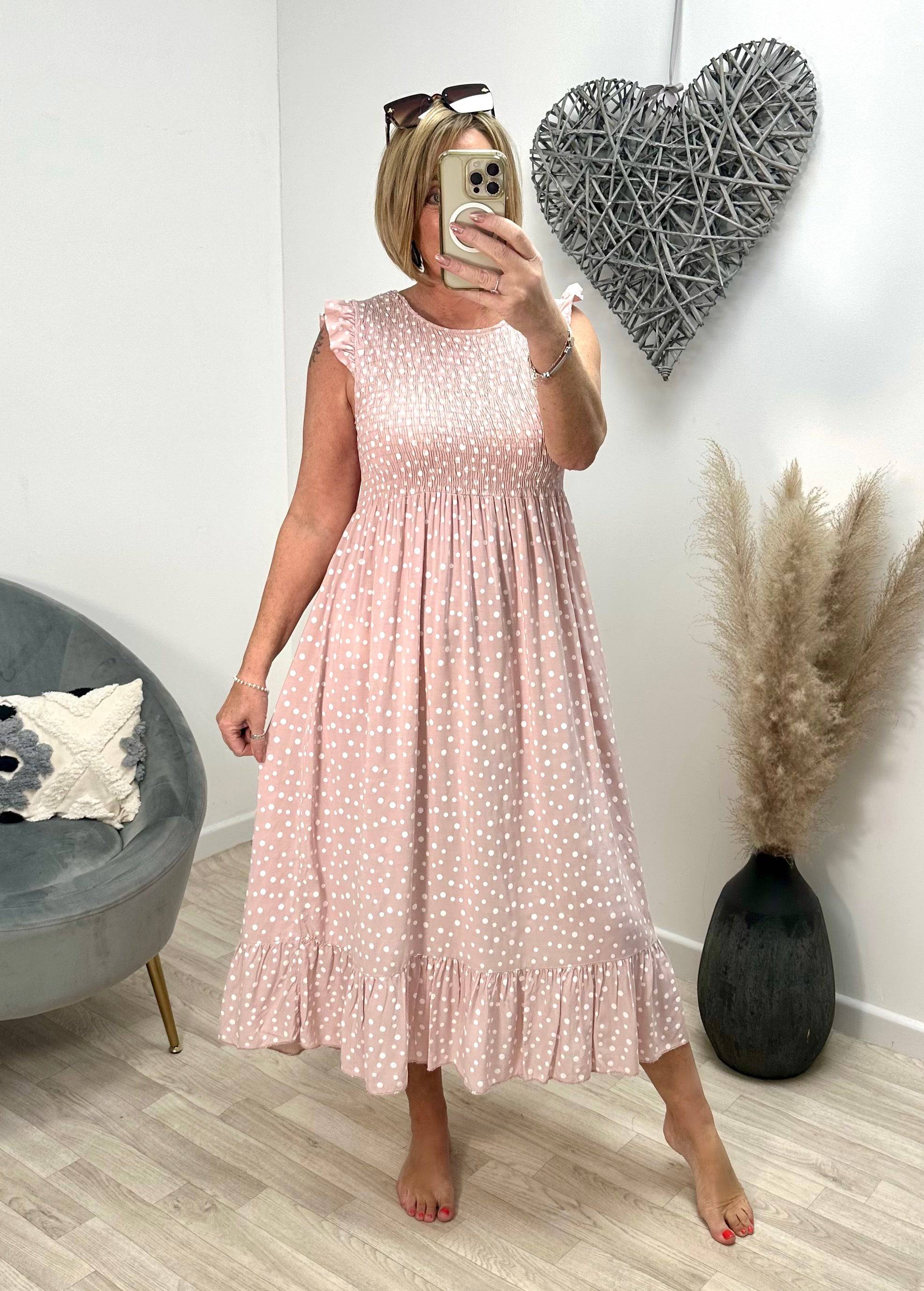 Pink polka dot midi dress new arrivals