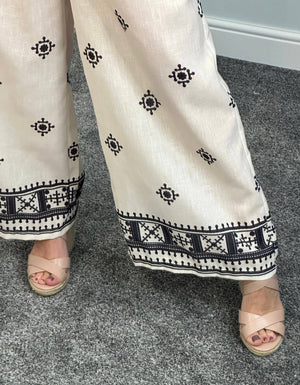 Danica Boho Border Print Wide Leg Trousers 8-16 White NO RETURNS ON SALE ITEMS