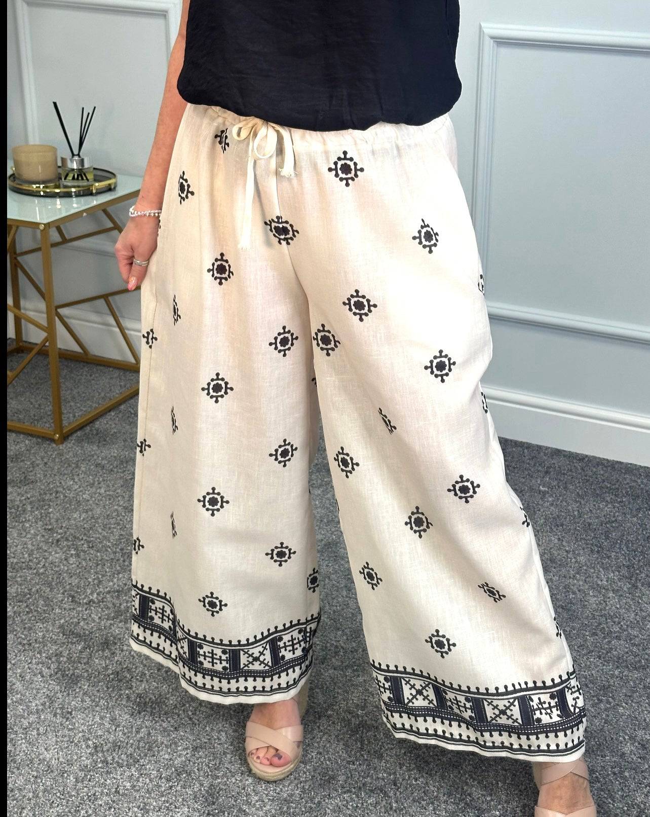 Danica Boho Border Print Wide Leg Trousers 8-16 White NO RETURNS ON SALE ITEMS