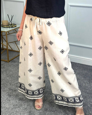 Danica Boho Border Print Wide Leg Trousers 8-16 White NO RETURNS ON SALE ITEMS