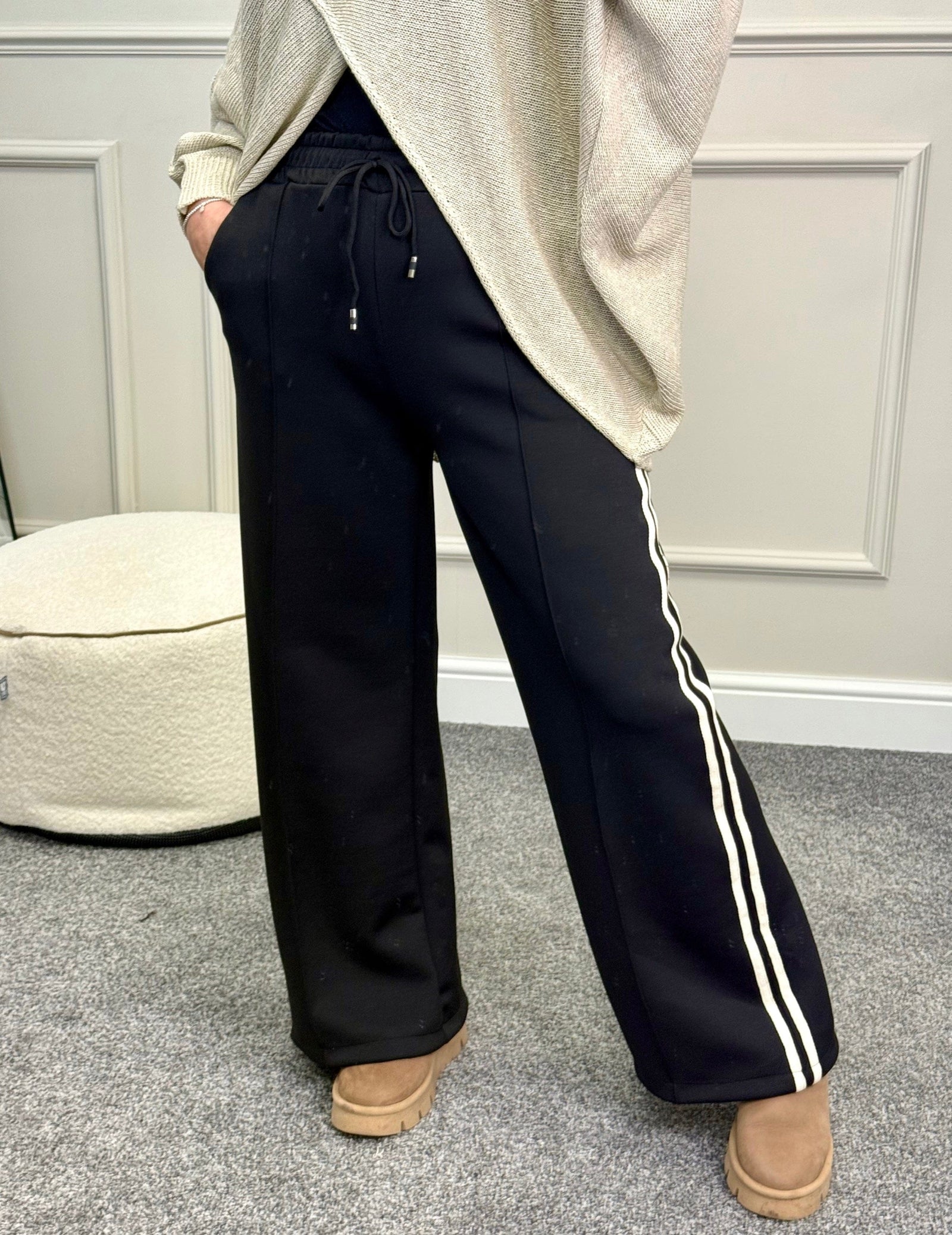 Alexandria Stripe Straight Leg Trousers 8-18 Black - Susie's Boutique