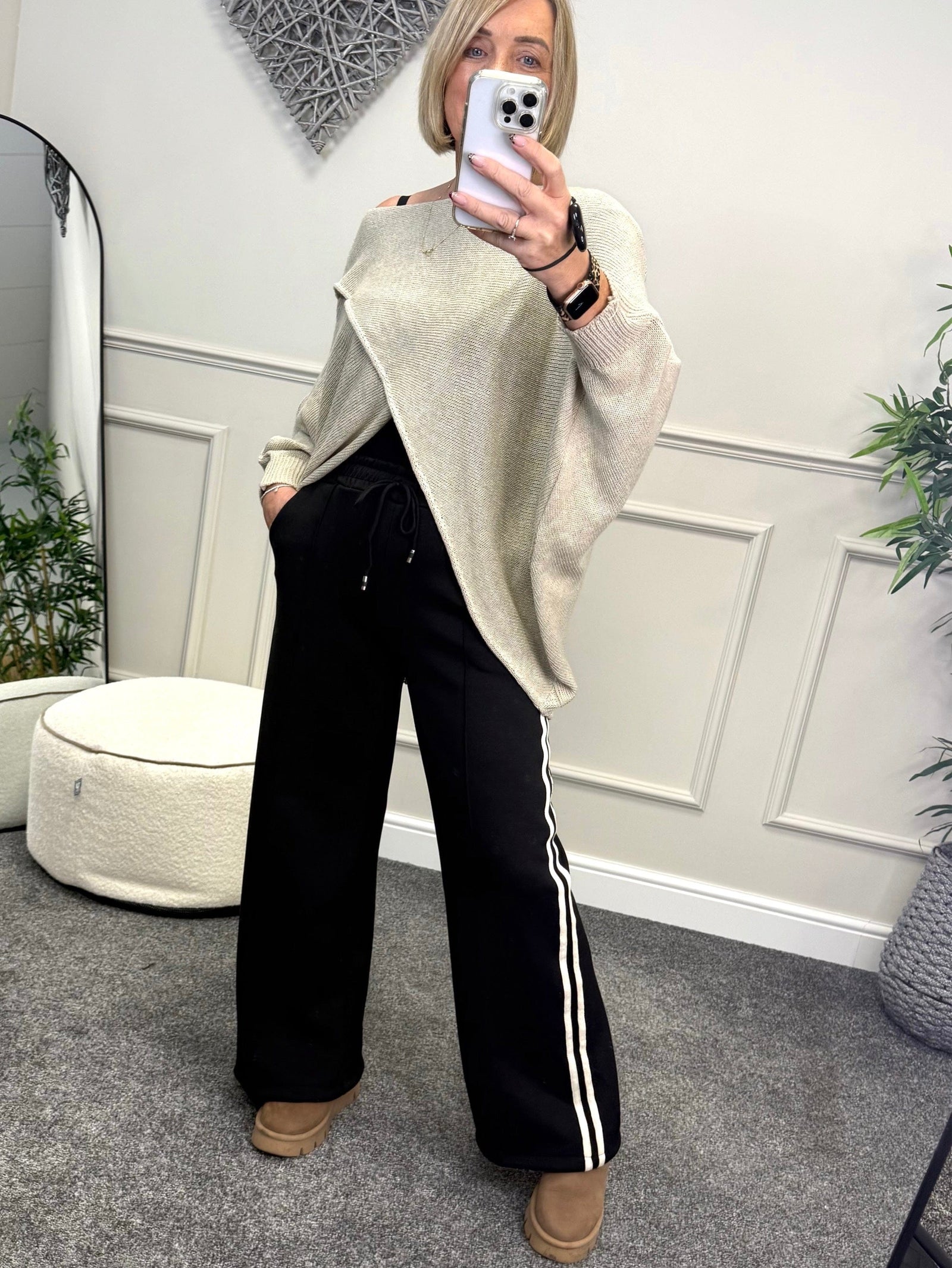 Alexandria Stripe Straight Leg Trousers 8-18 Black - Susie's Boutique