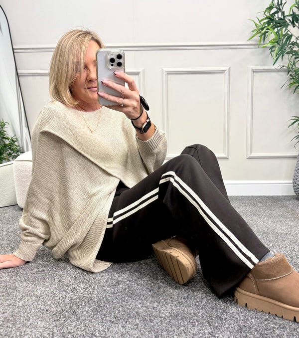 Alexandria Stripe Straight Leg Trousers 8-18 Chocolate - Susie's Boutique