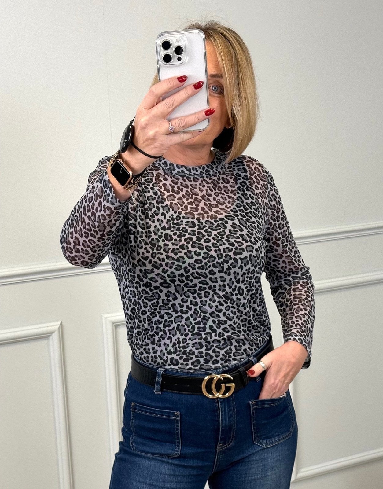 Carissa Leopard Mesh Top 8 - 18 Grey - Susie's Boutique - | Women's Fashion Online
