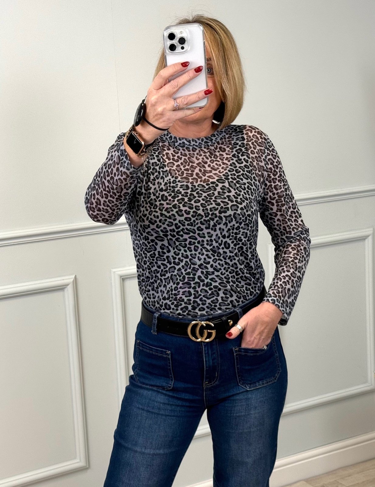 Carissa Leopard Mesh Top 8 - 18 Grey - Susie's Boutique - | Women's Fashion Online