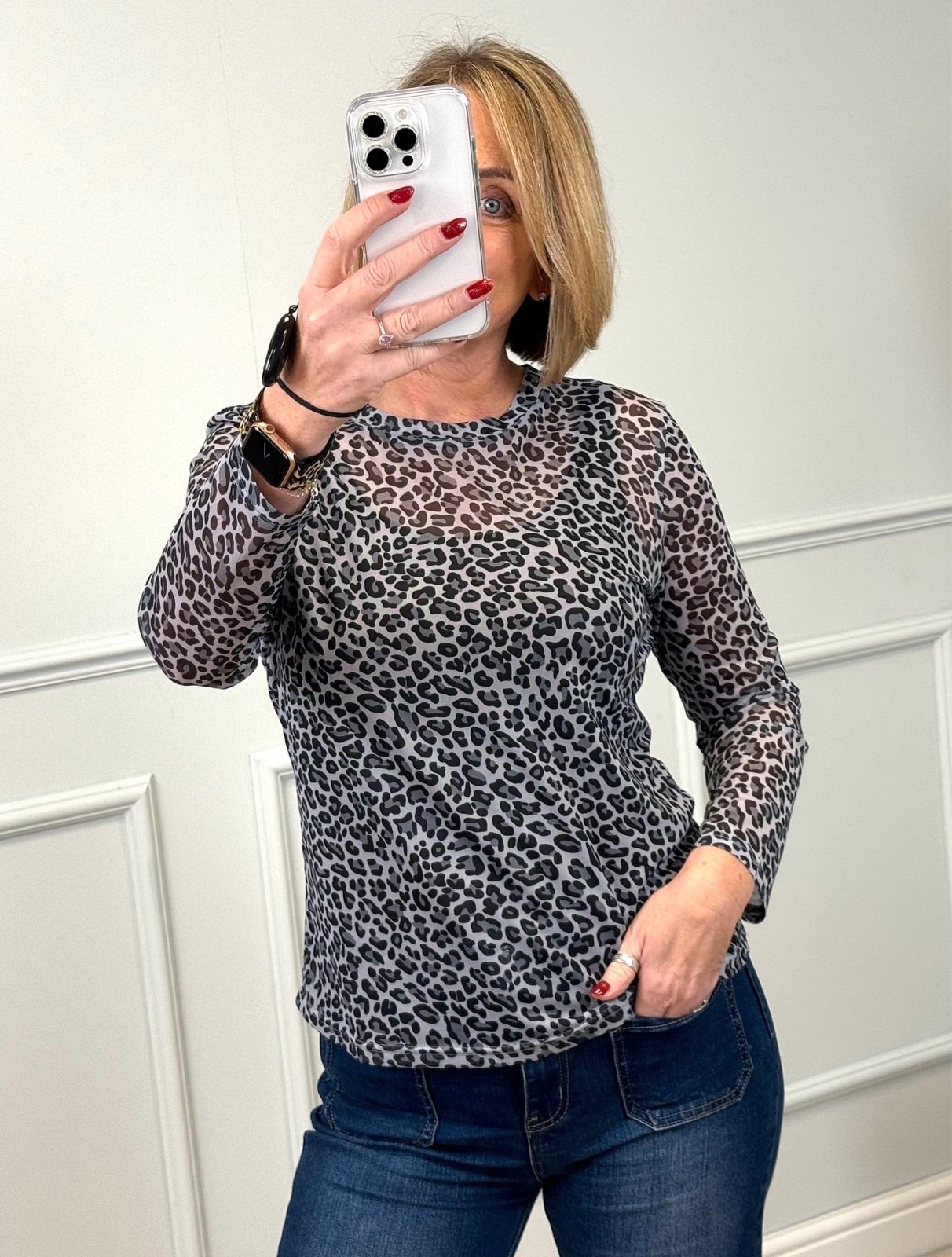 Carissa Leopard Mesh Top 8 - 18 Grey - Susie's Boutique - | Women's Fashion Online