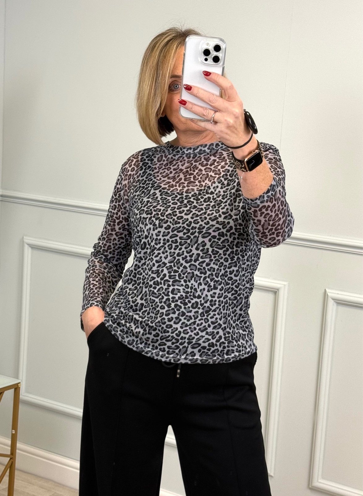 Carissa Leopard Mesh Top 8 - 18 Grey - Susie's Boutique - | Women's Fashion Online