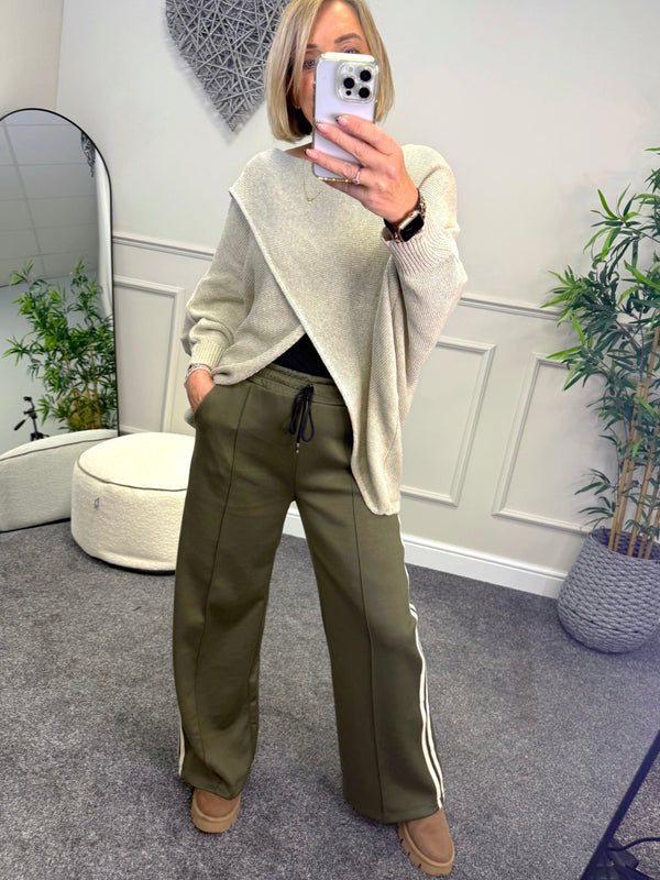 Alexandria Stripe Straight Leg Trousers 8-18 Khaki - Susie's Boutique