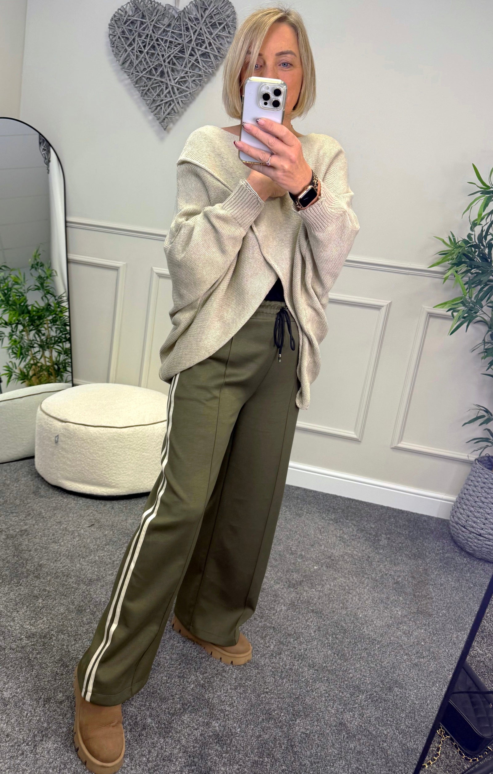 Alexandria Stripe Straight Leg Trousers 8-18 Khaki - Susie's Boutique