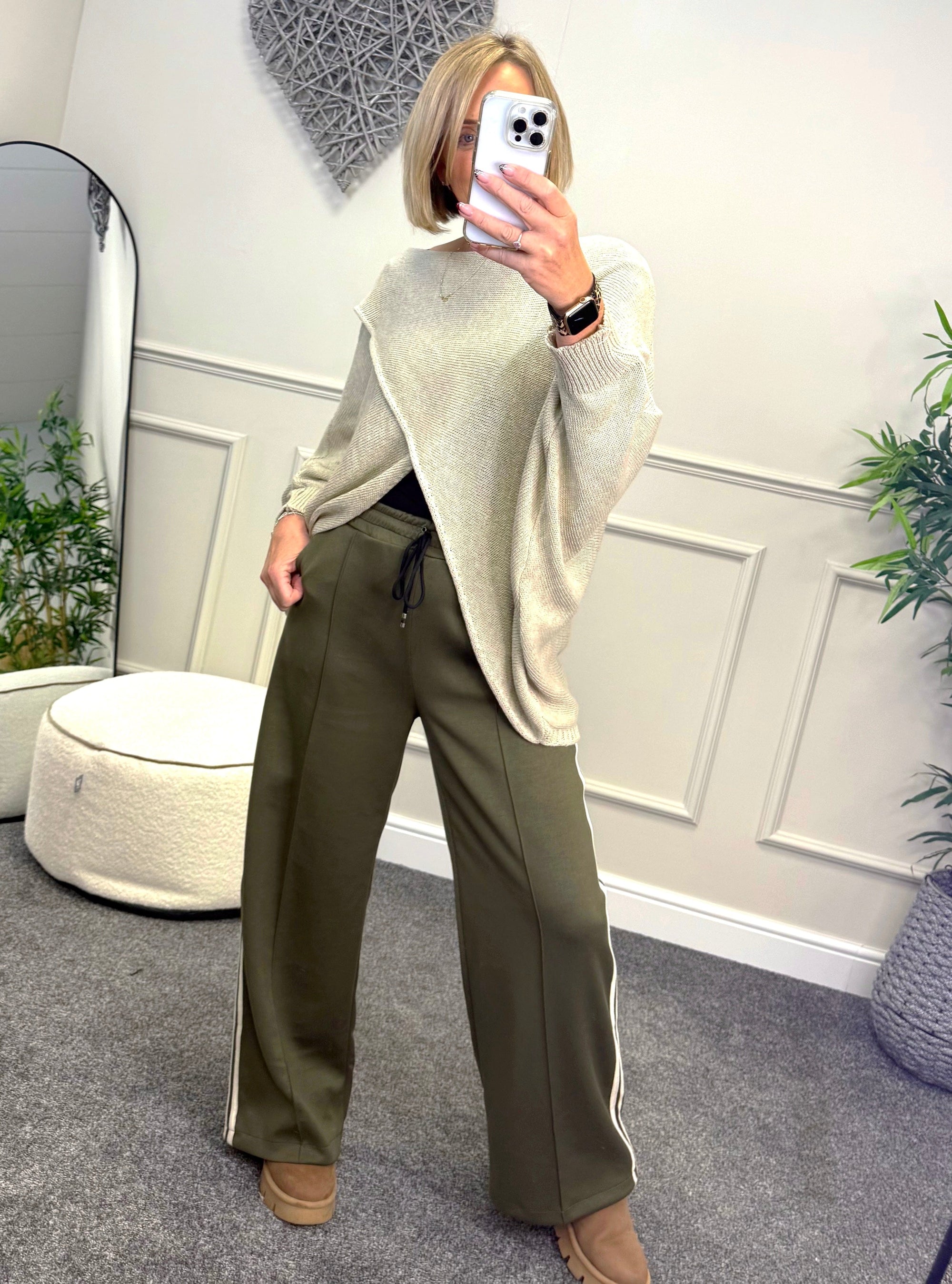 Alexandria Stripe Straight Leg Trousers 8-18 Khaki - Susie's Boutique