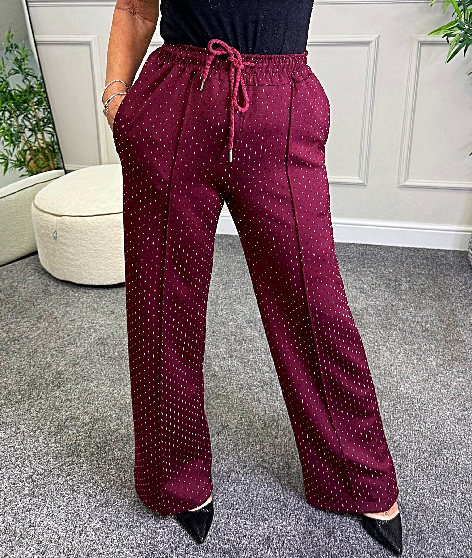 Alexandria Sparkle Wide-Leg Trousers Wine - Susie's Boutique