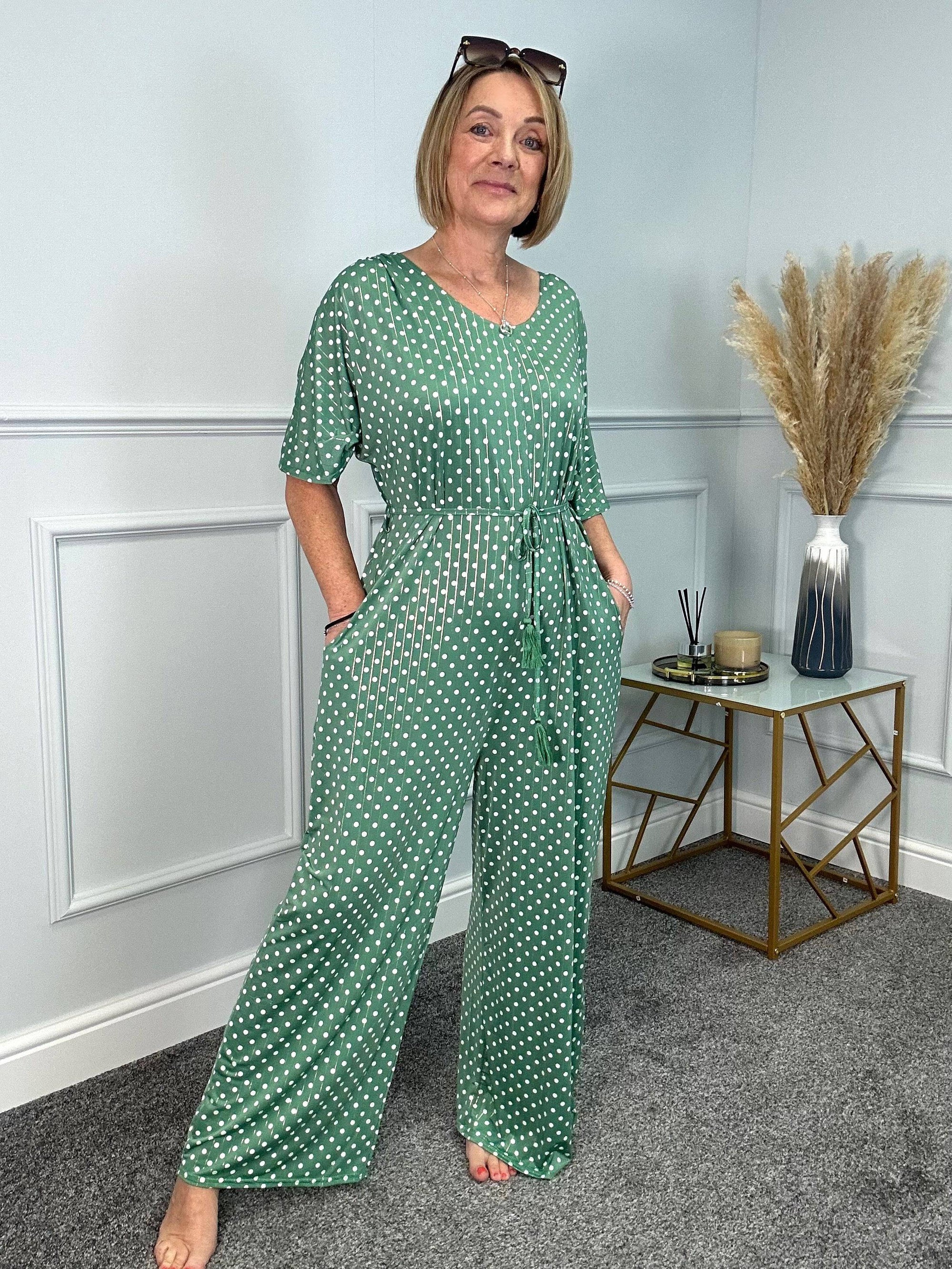 Cece Polka Dot Wide Leg Jumpsuit 10-20 Green NO RETURNS ON SALE ITEMS