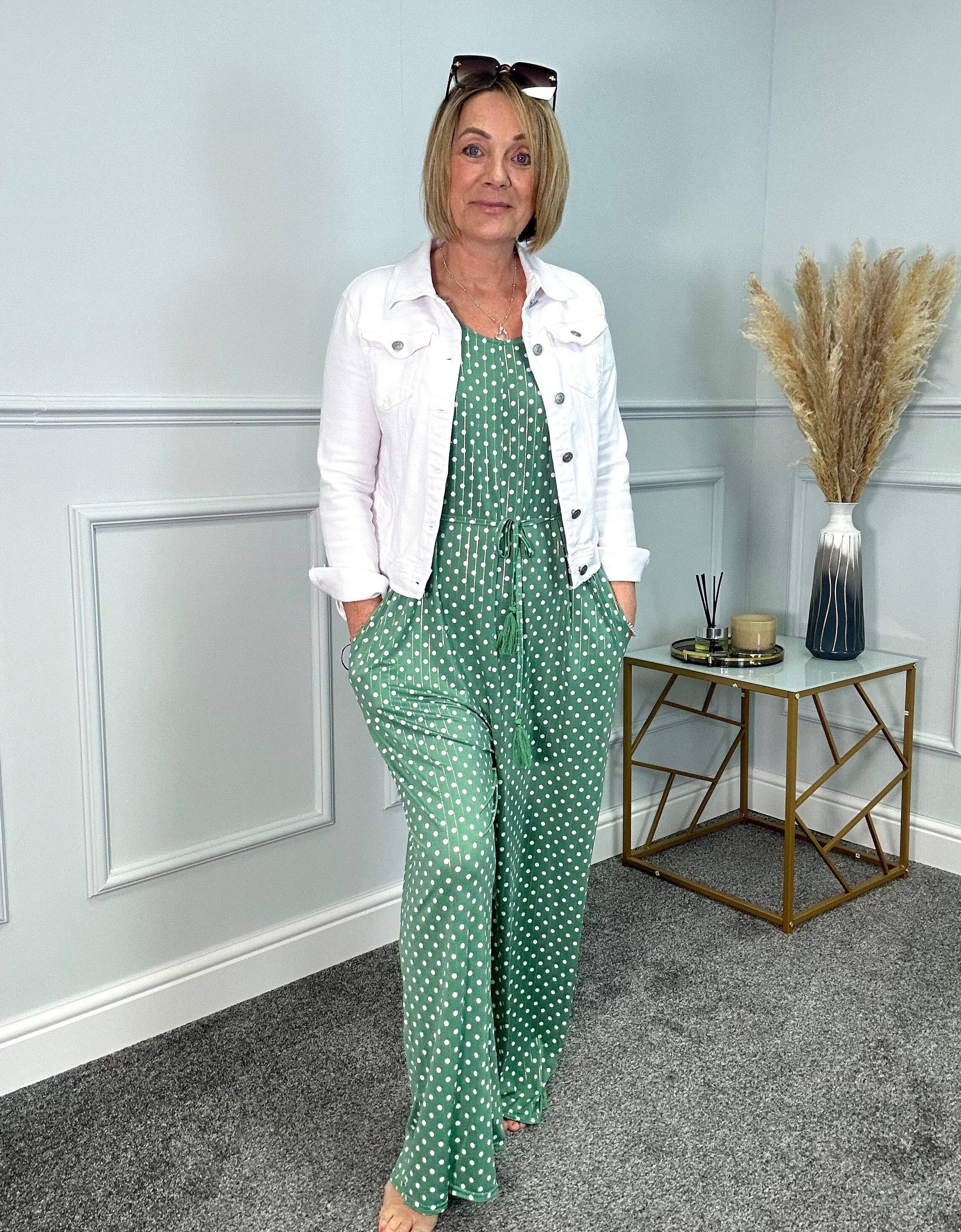 Cece Polka Dot Wide Leg Jumpsuit 10-20 Green NO RETURNS ON SALE ITEMS