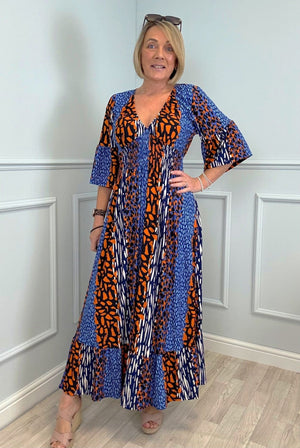 Azalea Mixed Animal V - Neck Shirred Waist Midi Dress - Flowy & Elegant Design (Sizes 8 - 20) Orange - Susie's Boutique - | Women's Fashion Online