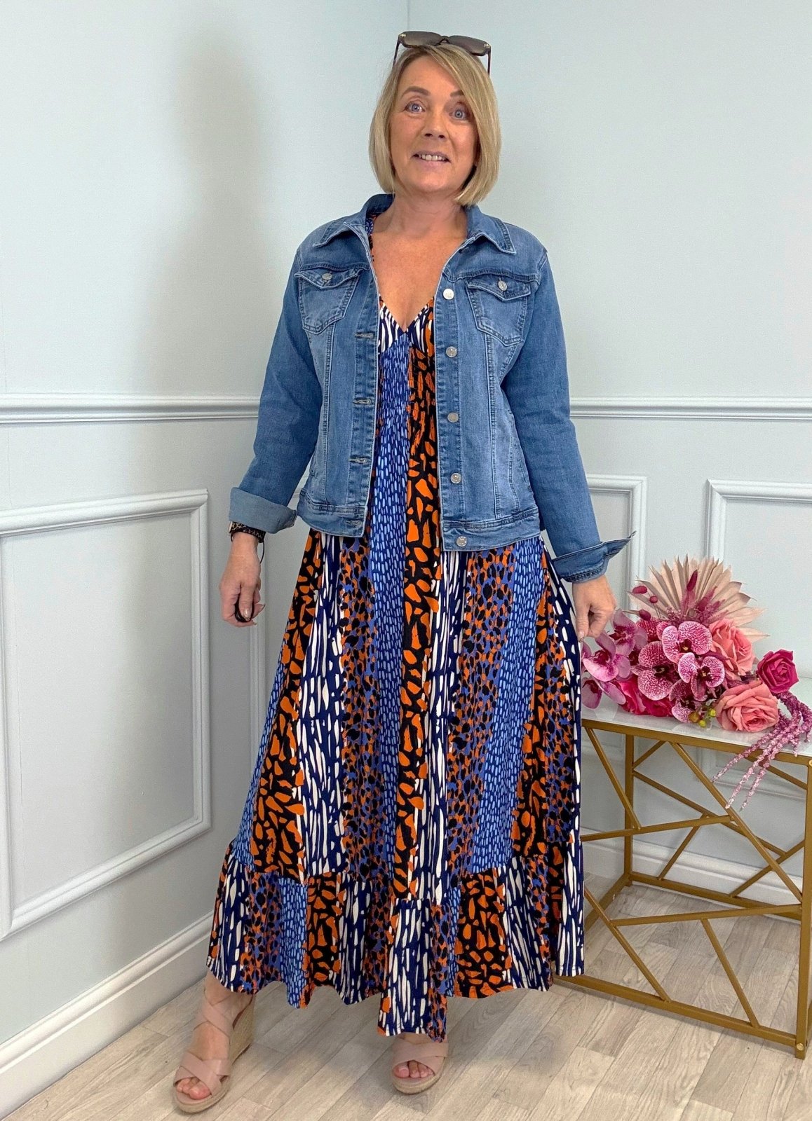 Azalea Mixed Animal V - Neck Shirred Waist Midi Dress - Flowy & Elegant Design (Sizes 8 - 20) Orange - Susie's Boutique - | Women's Fashion Online