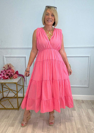 Calla Tiered Cotton Midi Dress 8–18 Pink - Susie's Boutique - | Women's Fashion Online