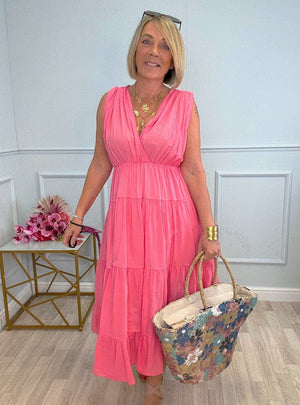 Calla Tiered Cotton Midi Dress 8–18 Pink - Susie's Boutique - | Women's Fashion Online