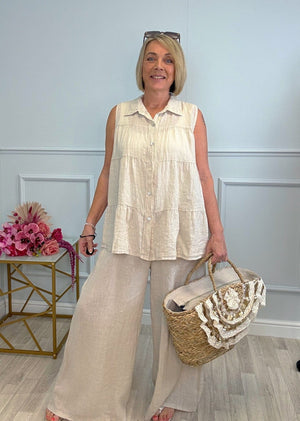 Anya Sleeveless Tiered Linen Shirt 10 - 20 Sand - Susie's Boutique - | Women's Fashion Online
