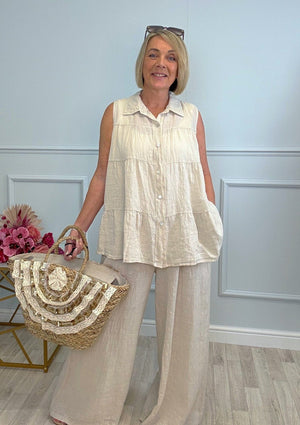 Anya Sleeveless Tiered Linen Shirt 10 - 20 Sand - Susie's Boutique - | Women's Fashion Online