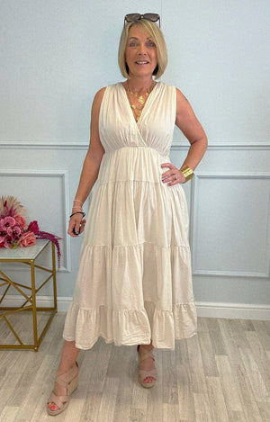 Calla Tiered Cotton Midi Dress 8–18 Sand - Susie's Boutique - | Women's Fashion Online